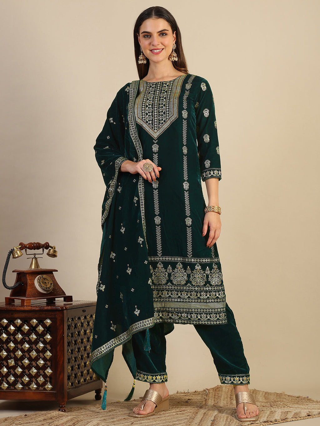 Hand & Foil Printed Velvet Kurta With Pant & Dupatta, Bottle-Green - Hiral Fashion | Grocsy