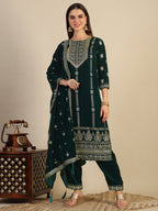 Hand & Foil Printed Velvet Kurta With Pant & Dupatta, Bottle-Green - Hiral Fashion | Grocsy