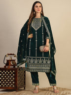 Hand & Foil Printed Velvet Kurta With Pant & Dupatta, Bottle-Green - Hiral Fashion | Grocsy