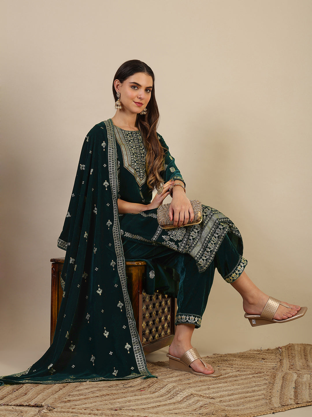 Hand & Foil Printed Velvet Kurta With Pant & Dupatta, Bottle-Green - Hiral Fashion | Grocsy