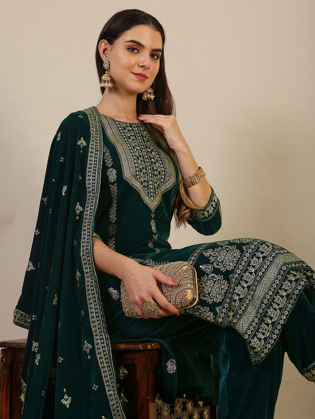Hand & Foil Printed Velvet Kurta With Pant & Dupatta, Bottle-Green - Hiral Fashion | Grocsy