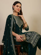 Hand & Foil Printed Velvet Kurta With Pant & Dupatta, Bottle-Green - Hiral Fashion | Grocsy