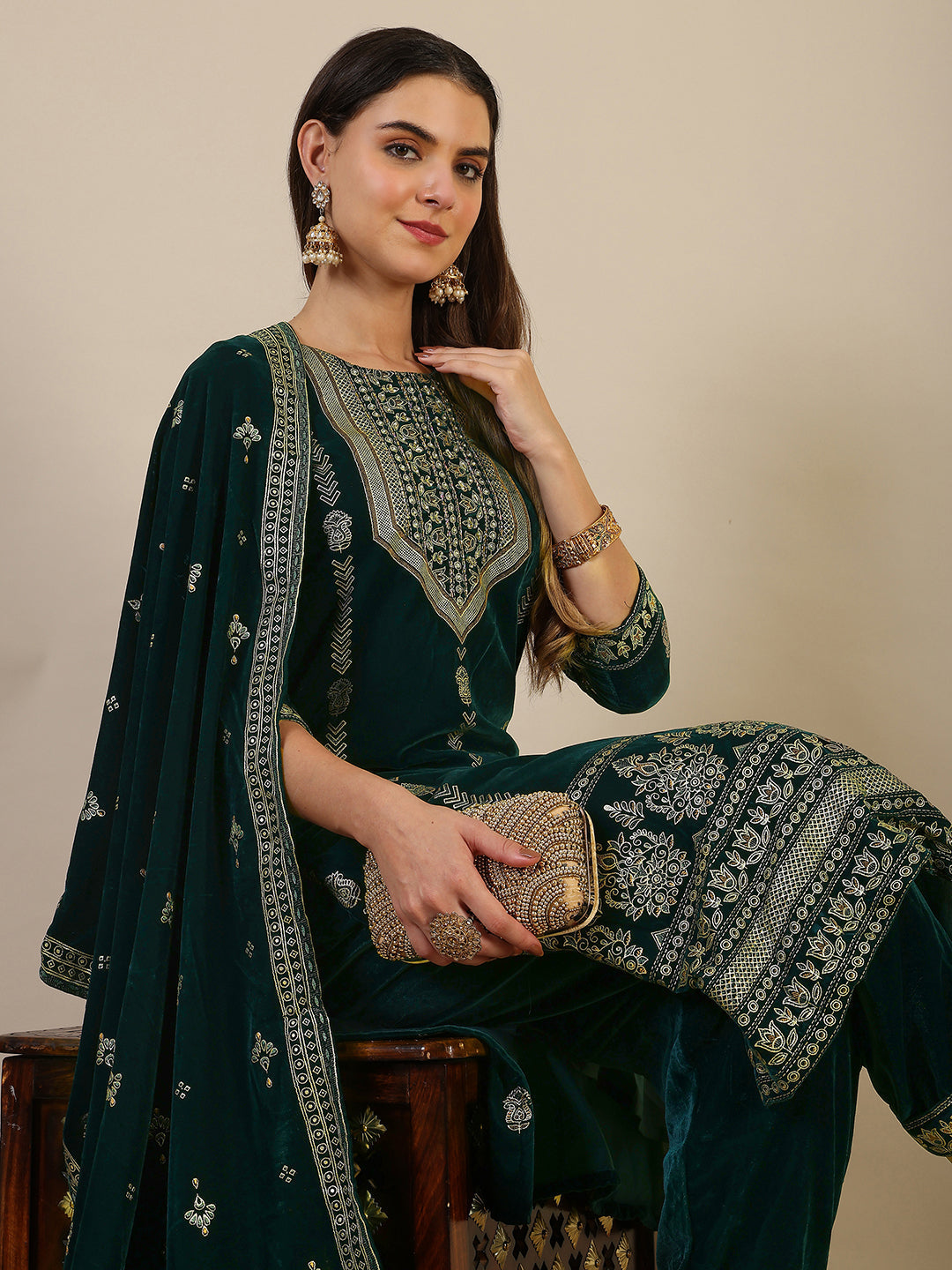 Hand & Foil Printed Velvet Kurta With Pant & Dupatta, Bottle-Green - Hiral Fashion | Grocsy