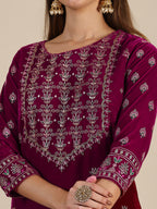 Hand & Foil Printed Velvet Kurta With Pant & Dupatta, Pink - Hiral Fashion | Grocsy