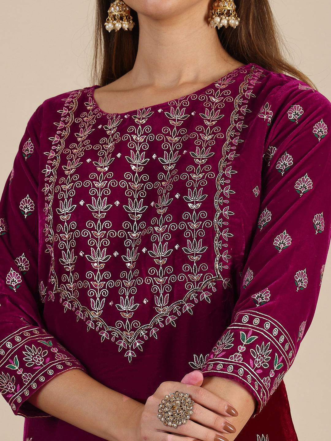 Hand & Foil Printed Velvet Kurta With Pant & Dupatta, Pink - Hiral Fashion | Grocsy