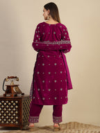 Hand & Foil Printed Velvet Kurta With Pant & Dupatta, Pink - Hiral Fashion | Grocsy