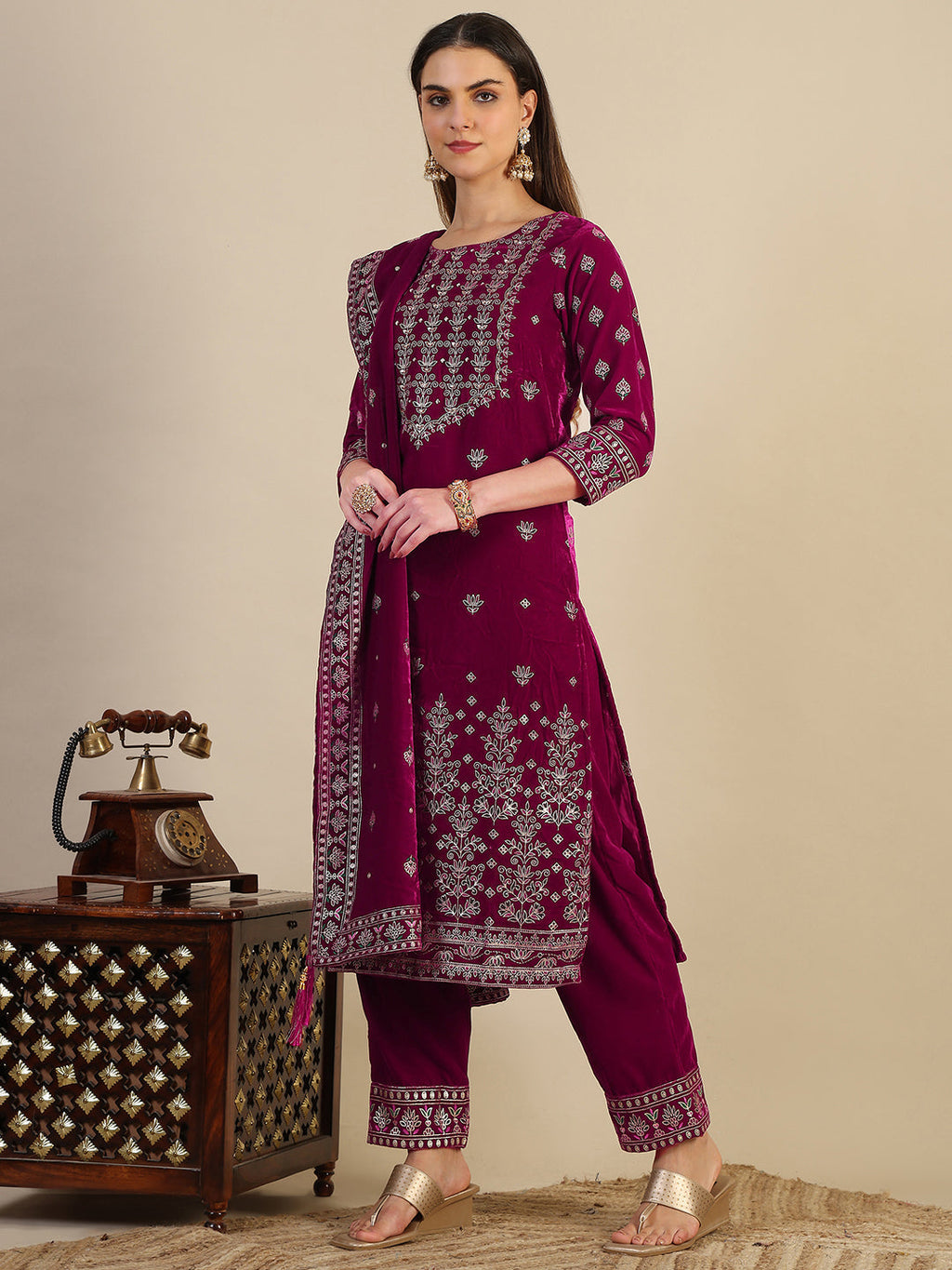 Hand & Foil Printed Velvet Kurta With Pant & Dupatta, Pink - Hiral Fashion | Grocsy