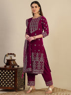 Hand & Foil Printed Velvet Kurta With Pant & Dupatta, Pink - Hiral Fashion | Grocsy