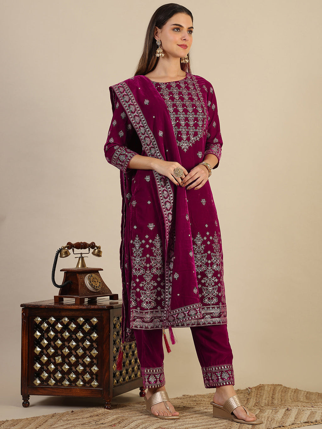 Hand & Foil Printed Velvet Kurta With Pant & Dupatta, Pink - Hiral Fashion | Grocsy