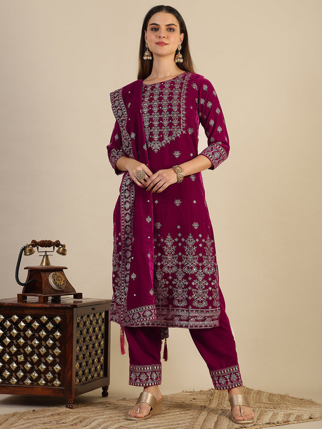 Hand & Foil Printed Velvet Kurta With Pant & Dupatta, Pink - Hiral Fashion | Grocsy