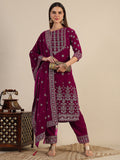 Hand & Foil Printed Velvet Kurta With Pant & Dupatta, Pink - Hiral Fashion | Grocsy