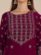 Hand & Foil Printed Velvet Kurta With Pant & Dupatta, Pink - Hiral Fashion | Grocsy
