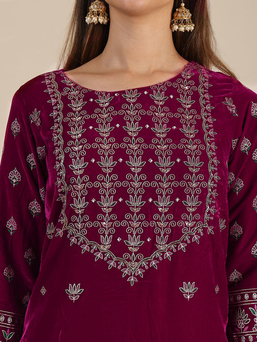 Hand & Foil Printed Velvet Kurta With Pant & Dupatta, Pink - Hiral Fashion | Grocsy