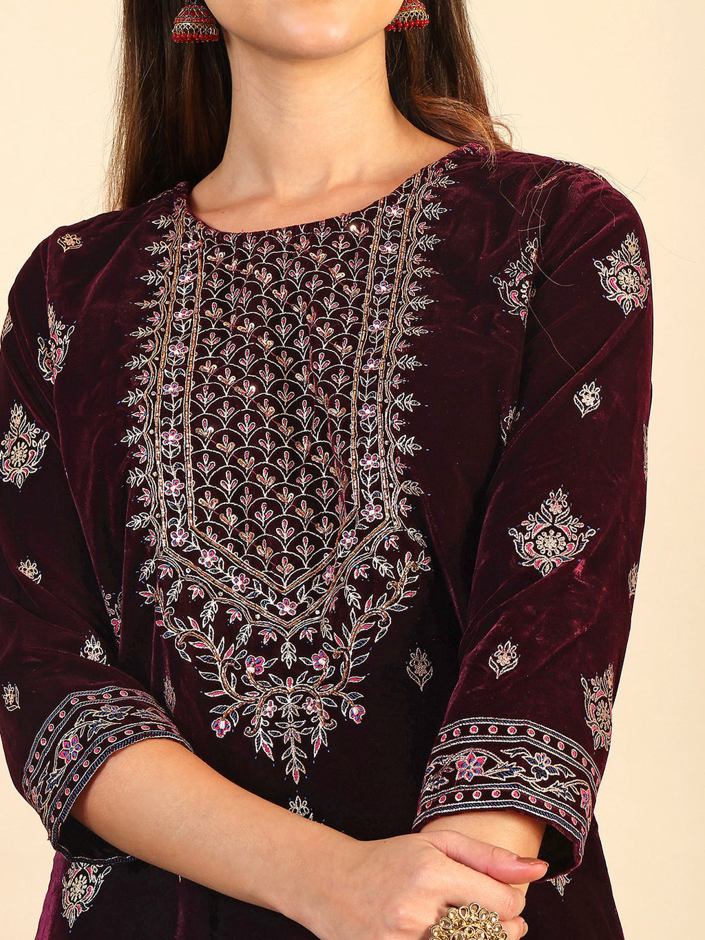 Hand & Foil Printed Velvet Kurta With Pant & Dupatta, Wine - Hiral Fashion | Grocsy