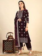 Hand & Foil Printed Velvet Kurta With Pant & Dupatta, Wine - Hiral Fashion | Grocsy