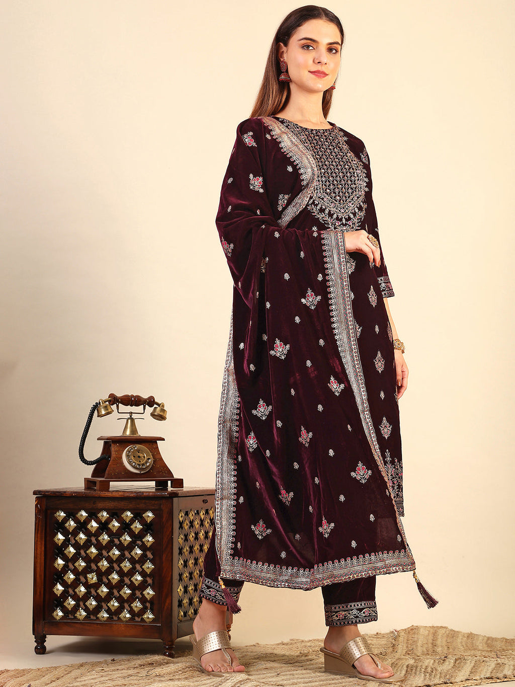 Hand & Foil Printed Velvet Kurta With Pant & Dupatta, Wine - Hiral Fashion | Grocsy