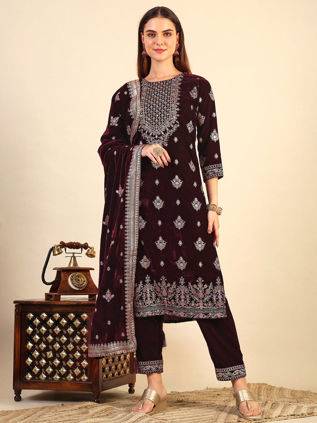 Hand & Foil Printed Velvet Kurta With Pant & Dupatta, Wine - Hiral Fashion | Grocsy