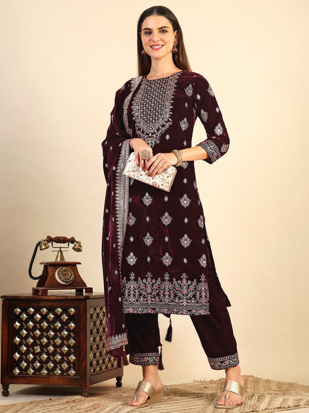 Hand & Foil Printed Velvet Kurta With Pant & Dupatta, Wine - Hiral Fashion | Grocsy