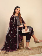 Hand & Foil Printed Velvet Kurta With Pant & Dupatta, Wine - Hiral Fashion | Grocsy