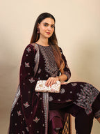 Hand & Foil Printed Velvet Kurta With Pant & Dupatta, Wine - Hiral Fashion | Grocsy