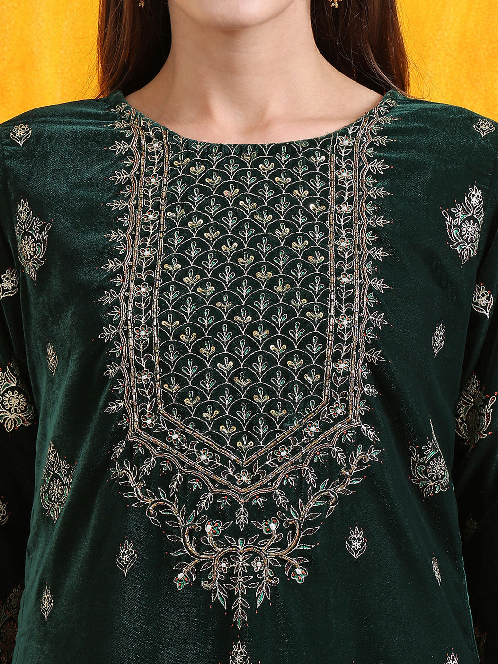 Hand Embroidered & Foil Printed Velvet Kurta With Pant & Dupatta, Bottle-Green - Hiral Fashion | Grocsy
