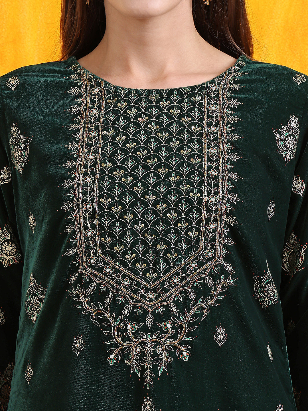 Hand Embroidered & Foil Printed Velvet Kurta With Pant & Dupatta, Bottle-Green - Hiral Fashion | Grocsy