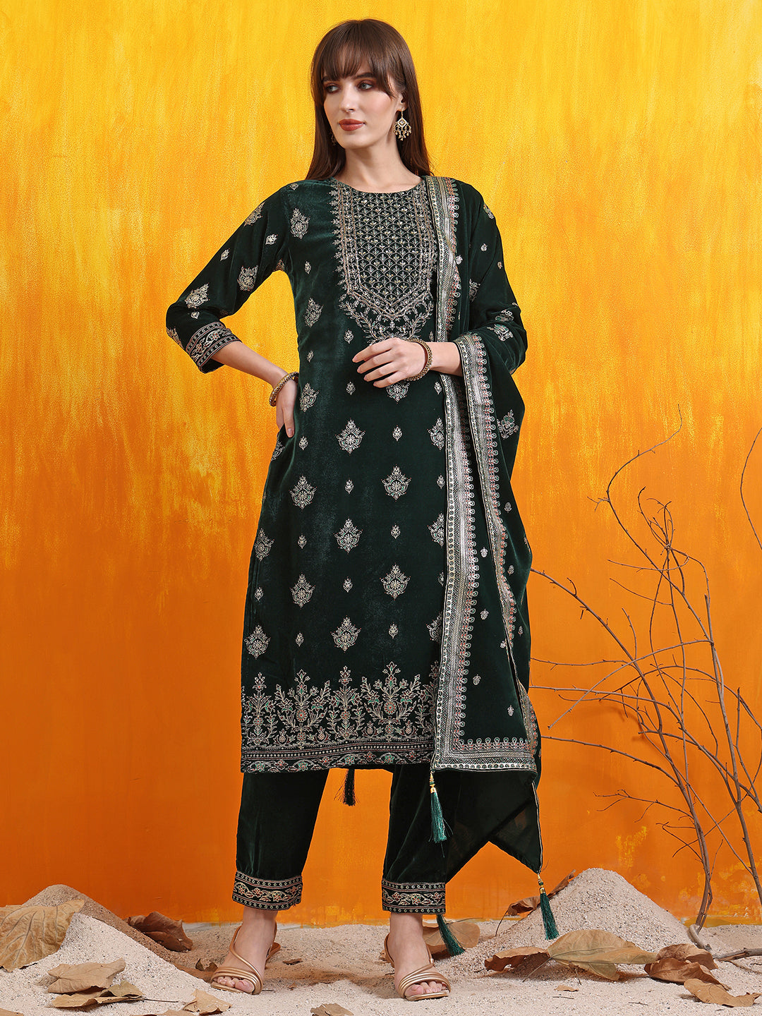 Hand Embroidered & Foil Printed Velvet Kurta With Pant & Dupatta, Bottle-Green - Hiral Fashion | Grocsy