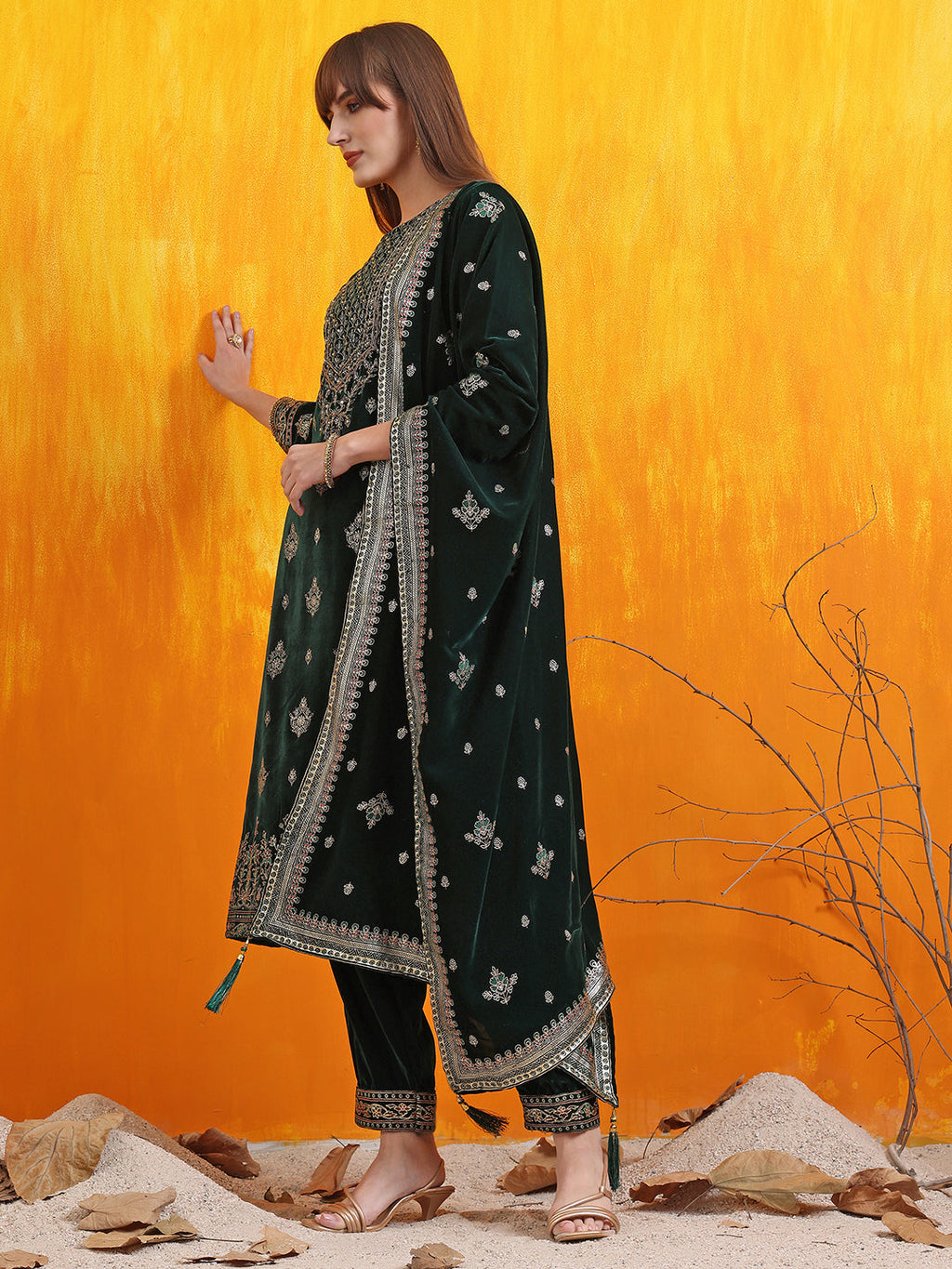 Hand Embroidered & Foil Printed Velvet Kurta With Pant & Dupatta, Bottle-Green - Hiral Fashion | Grocsy