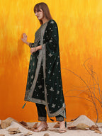 Hand Embroidered & Foil Printed Velvet Kurta With Pant & Dupatta, Bottle-Green - Hiral Fashion | Grocsy