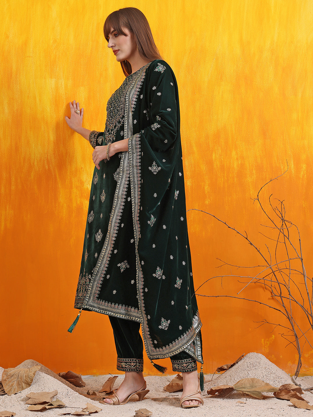 Hand Embroidered & Foil Printed Velvet Kurta With Pant & Dupatta, Bottle-Green - Hiral Fashion | Grocsy