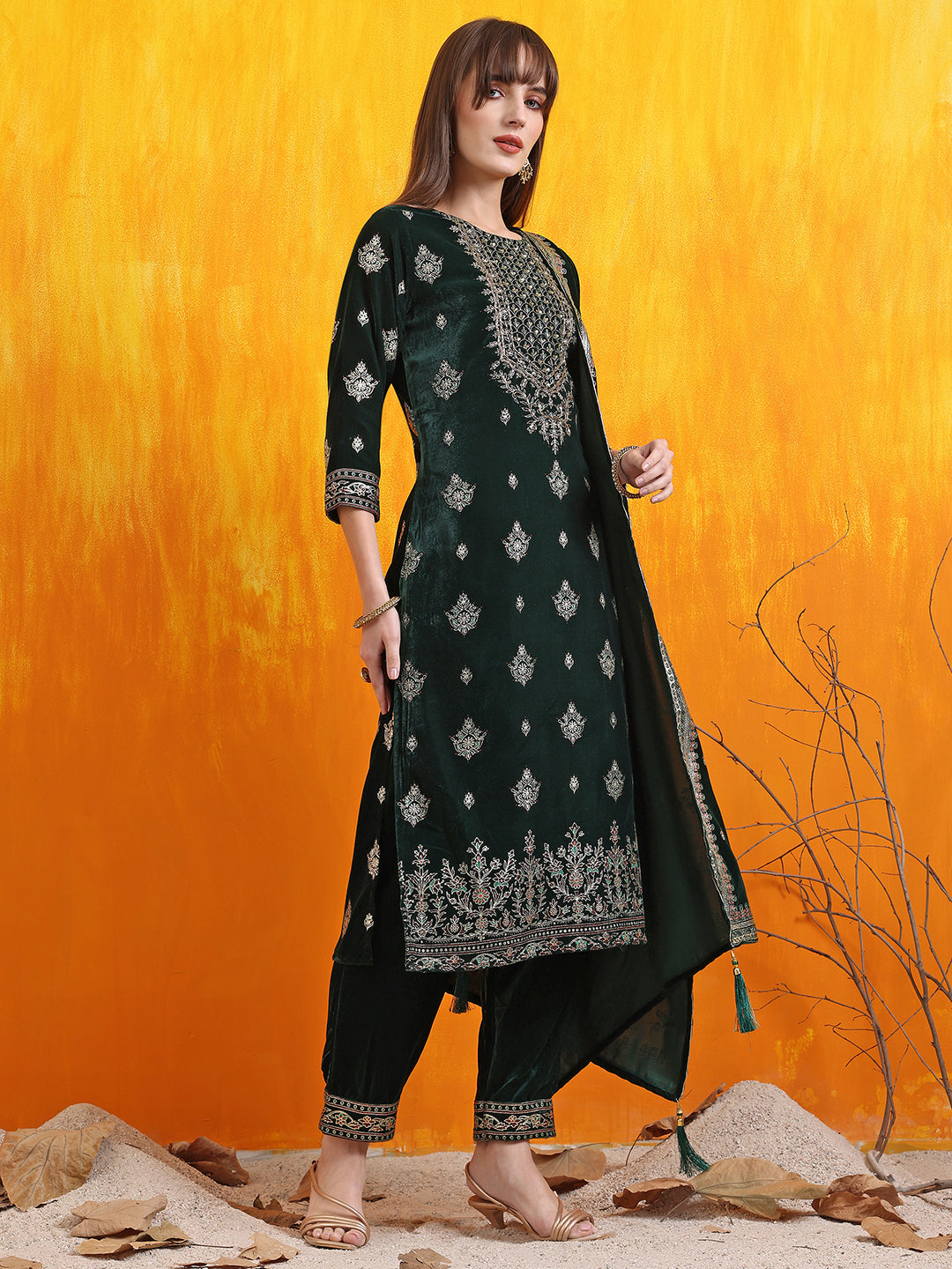 Hand Embroidered & Foil Printed Velvet Kurta With Pant & Dupatta, Bottle-Green - Hiral Fashion | Grocsy
