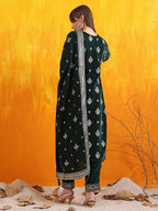 Hand Embroidered & Foil Printed Velvet Kurta With Pant & Dupatta, Bottle-Green - Hiral Fashion | Grocsy