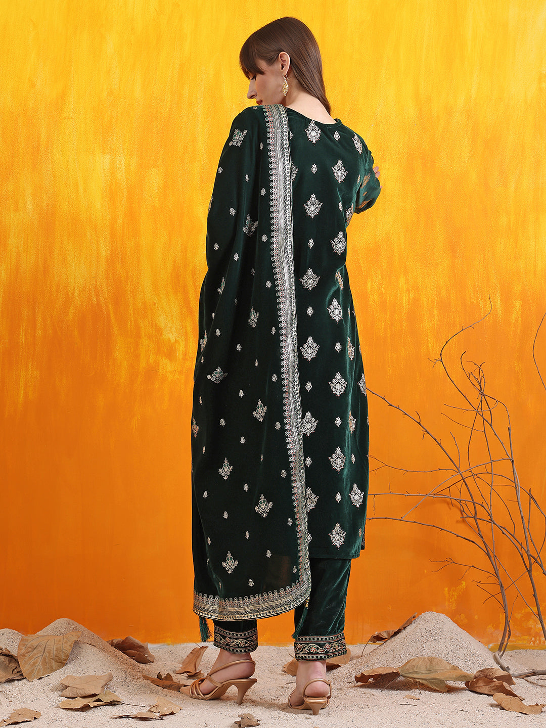 Hand Embroidered & Foil Printed Velvet Kurta With Pant & Dupatta, Bottle-Green - Hiral Fashion | Grocsy
