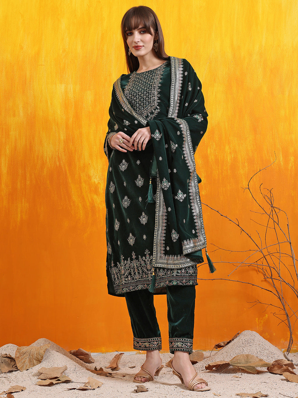 Hand Embroidered & Foil Printed Velvet Kurta With Pant & Dupatta, Bottle-Green - Hiral Fashion | Grocsy
