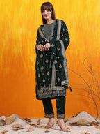 Hand Embroidered & Foil Printed Velvet Kurta With Pant & Dupatta, Bottle-Green - Hiral Fashion | Grocsy
