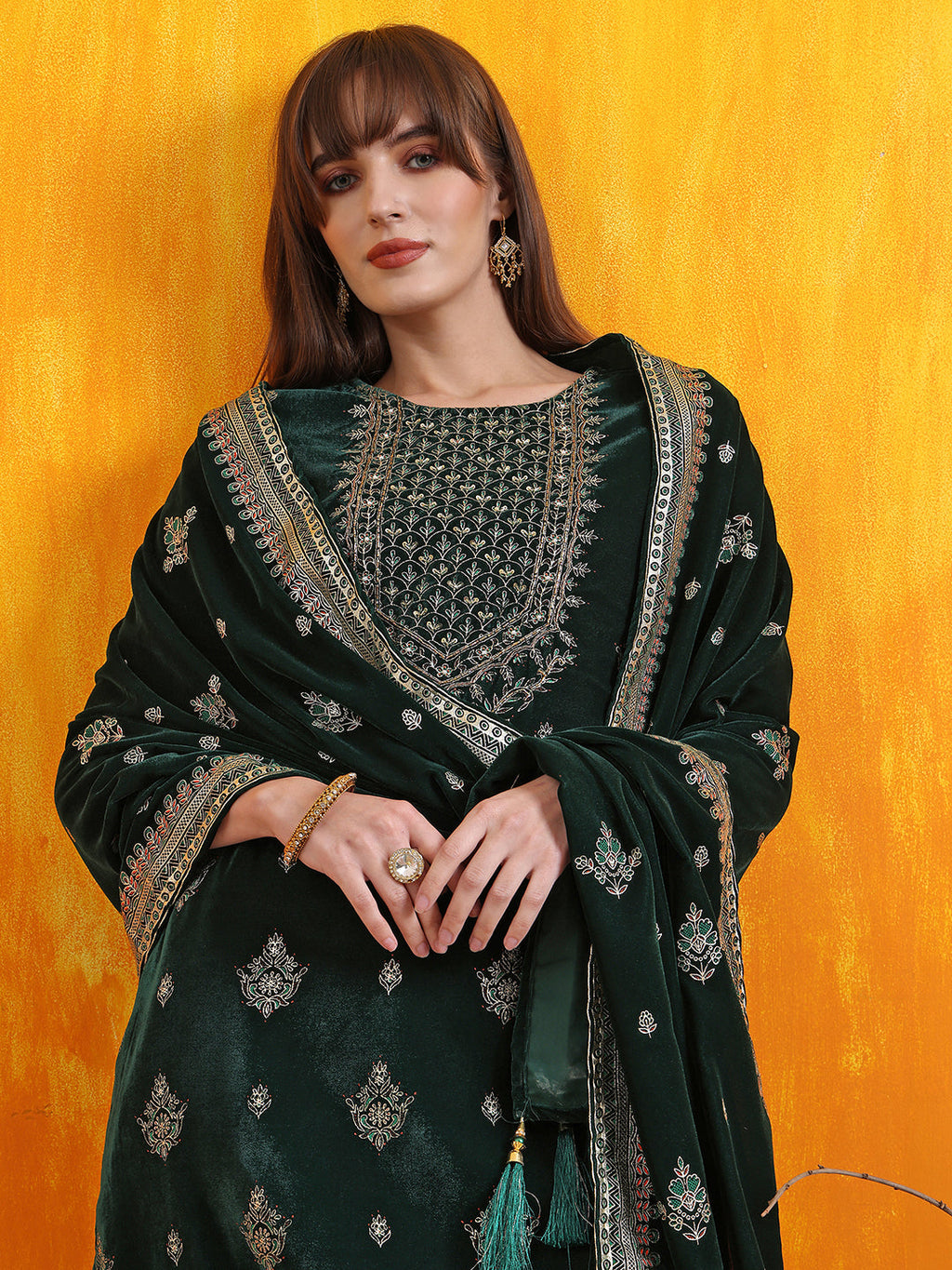 Hand Embroidered & Foil Printed Velvet Kurta With Pant & Dupatta, Bottle-Green - Hiral Fashion | Grocsy