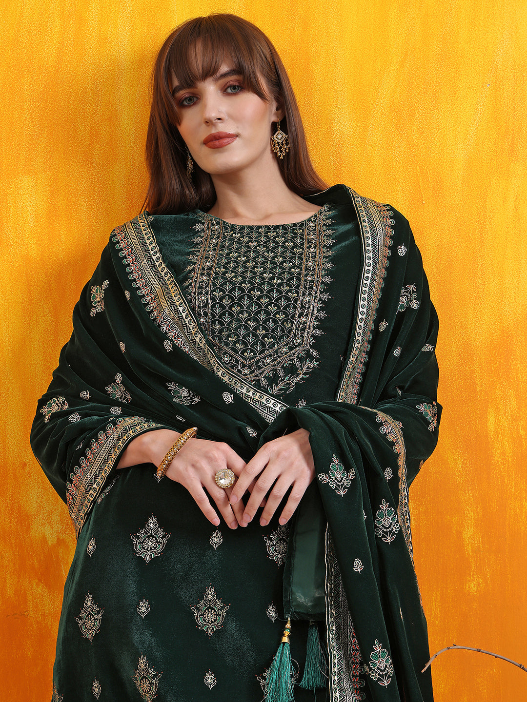 Hand Embroidered & Foil Printed Velvet Kurta With Pant & Dupatta, Bottle-Green - Hiral Fashion | Grocsy