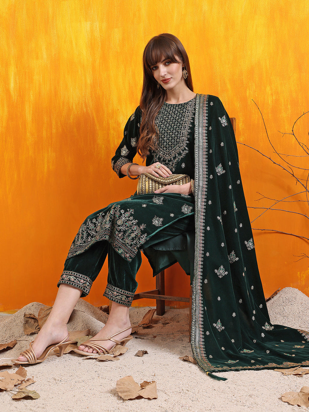 Hand Embroidered & Foil Printed Velvet Kurta With Pant & Dupatta, Bottle-Green - Hiral Fashion | Grocsy
