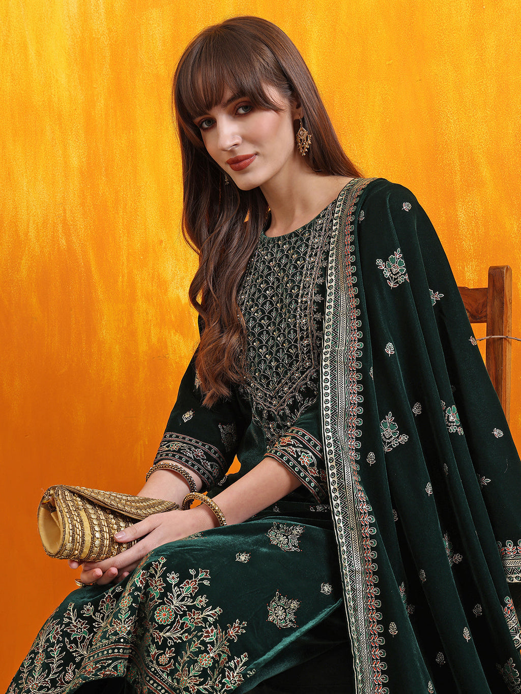 Hand Embroidered & Foil Printed Velvet Kurta With Pant & Dupatta, Bottle-Green - Hiral Fashion | Grocsy