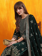 Hand Embroidered & Foil Printed Velvet Kurta With Pant & Dupatta, Bottle-Green - Hiral Fashion | Grocsy