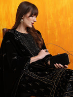 Hand Embroidered & Foil Printed Velvet Kurta With Pant & Dupatta, Black - Hiral Fashion | Grocsy