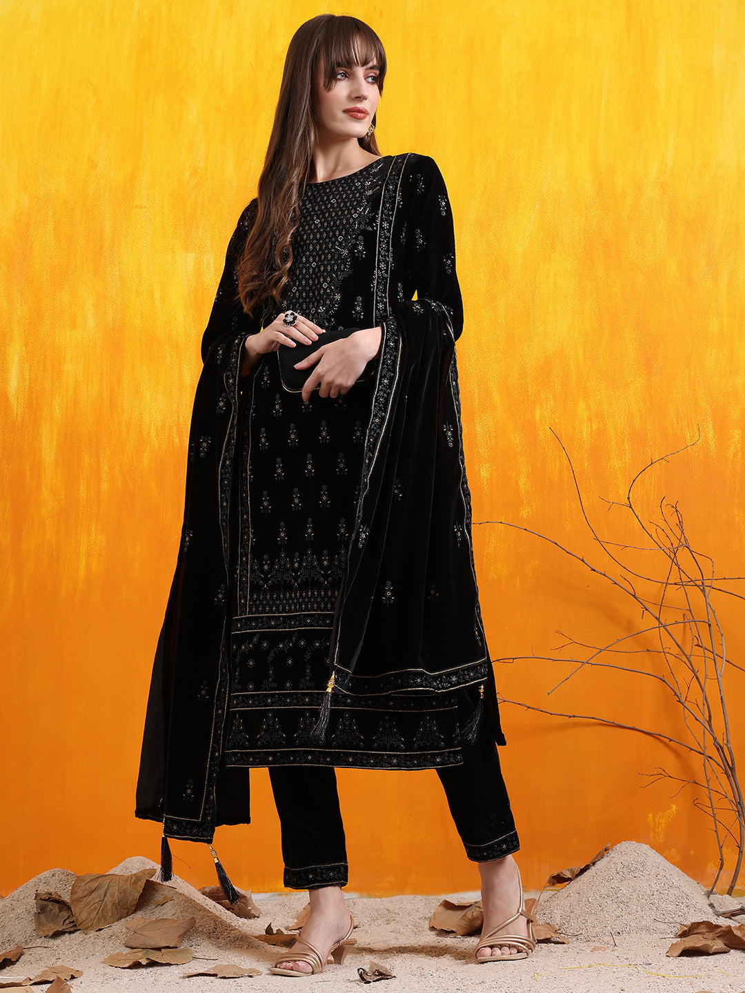 Hand Embroidered & Foil Printed Velvet Kurta With Pant & Dupatta, Black - Hiral Fashion | Grocsy