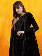 Hand Embroidered & Foil Printed Velvet Kurta With Pant & Dupatta, Black - Hiral Fashion | Grocsy