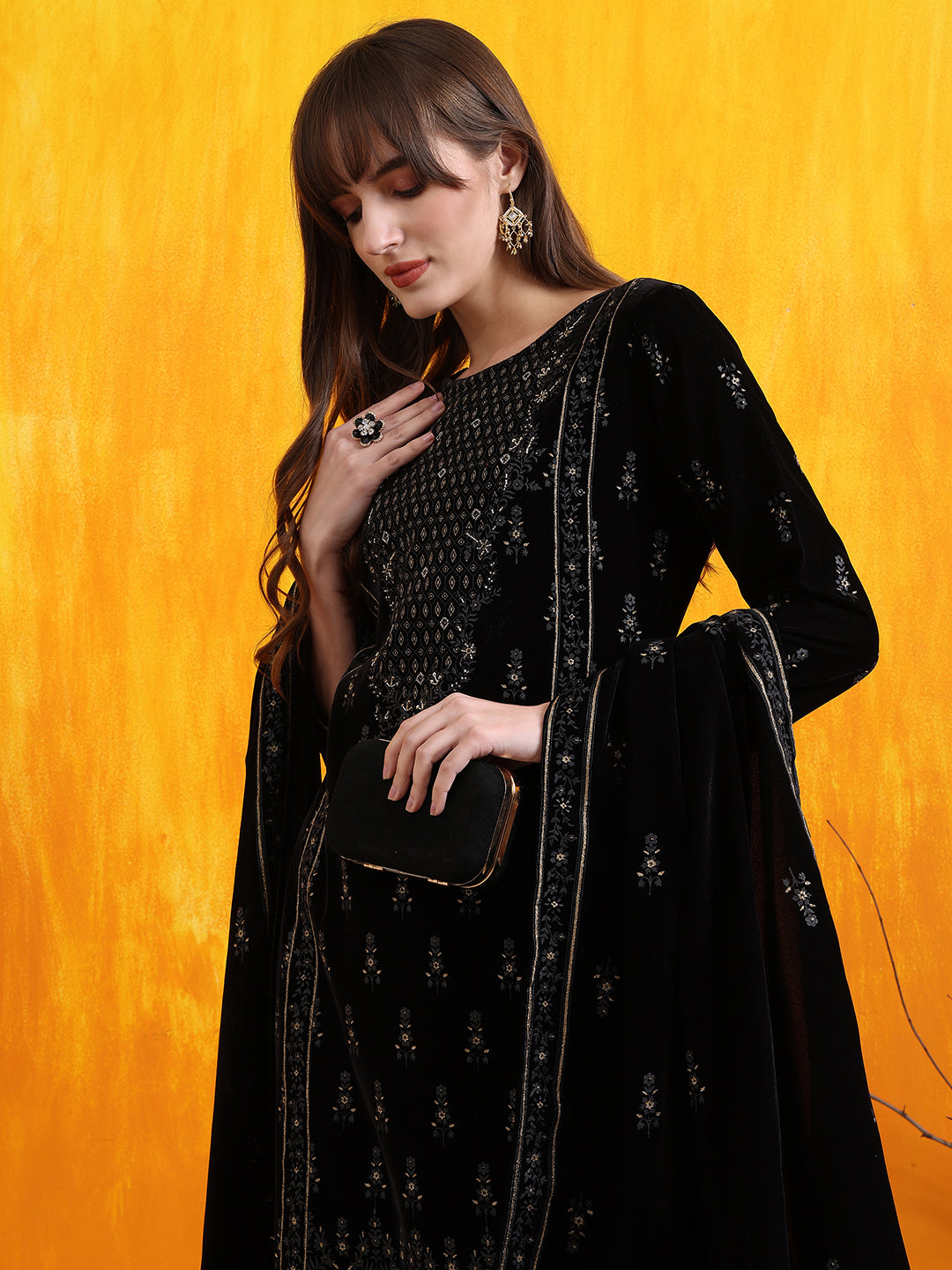 Hand Embroidered & Foil Printed Velvet Kurta With Pant & Dupatta, Black - Hiral Fashion | Grocsy