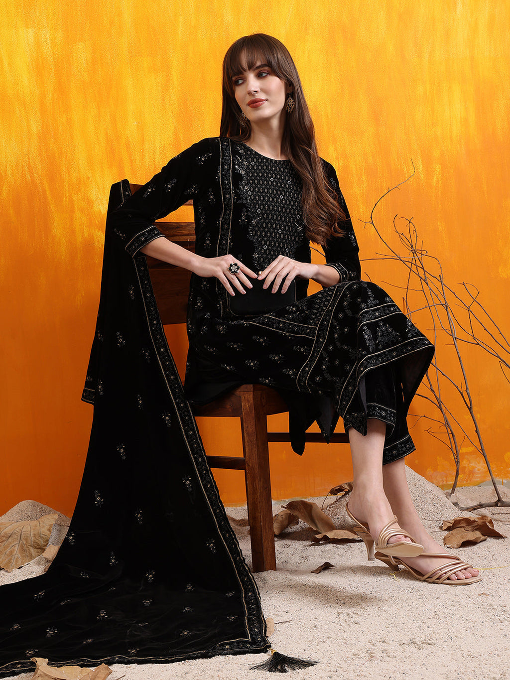Hand Embroidered & Foil Printed Velvet Kurta With Pant & Dupatta, Black - Hiral Fashion | Grocsy
