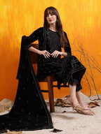 Hand Embroidered & Foil Printed Velvet Kurta With Pant & Dupatta, Black - Hiral Fashion | Grocsy