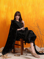 Hand Embroidered & Foil Printed Velvet Kurta With Pant & Dupatta, Black - Hiral Fashion | Grocsy