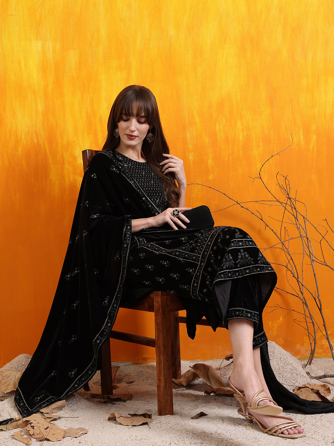 Hand Embroidered & Foil Printed Velvet Kurta With Pant & Dupatta, Black - Hiral Fashion | Grocsy
