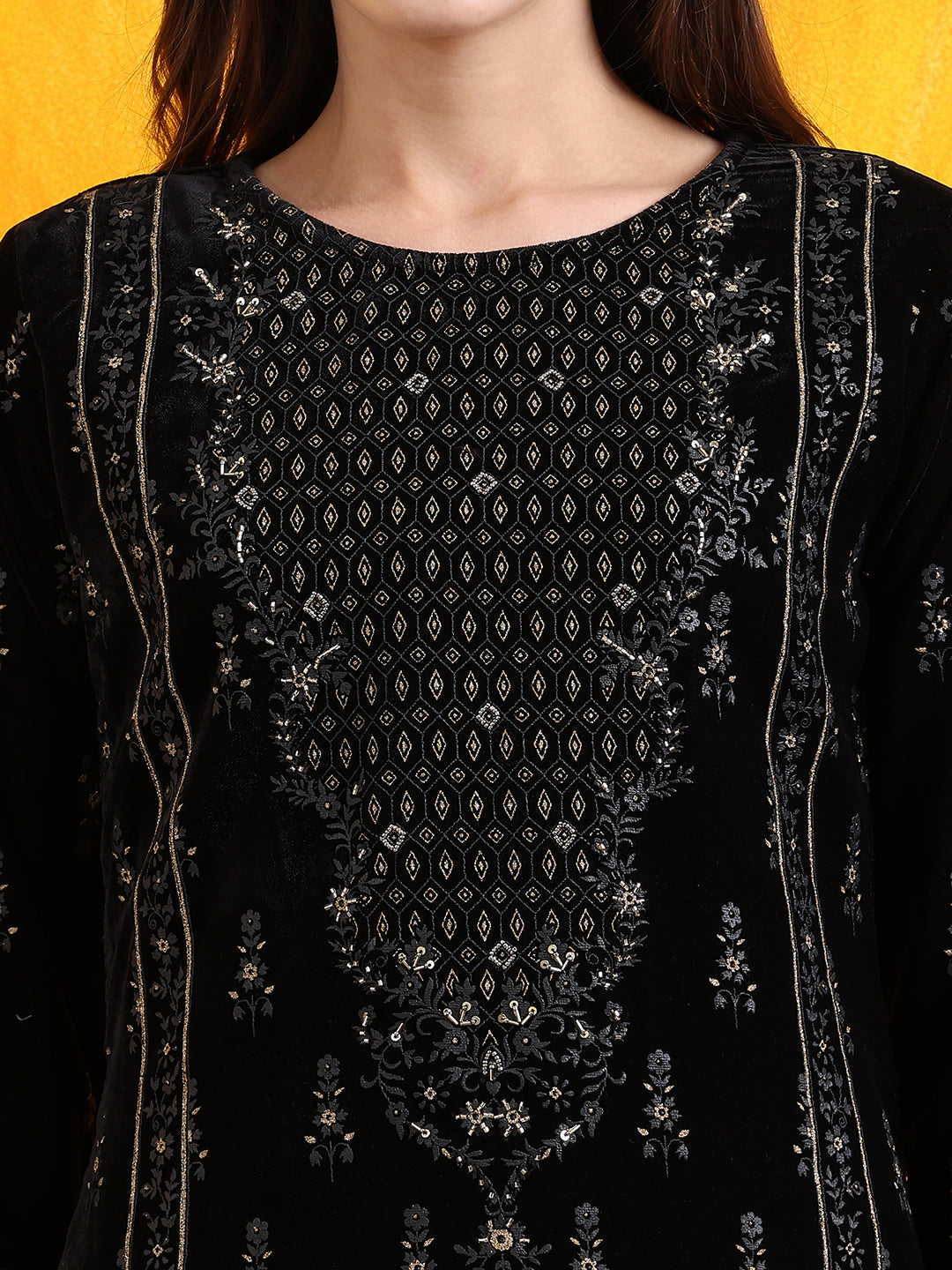 Hand Embroidered & Foil Printed Velvet Kurta With Pant & Dupatta, Black - Hiral Fashion | Grocsy