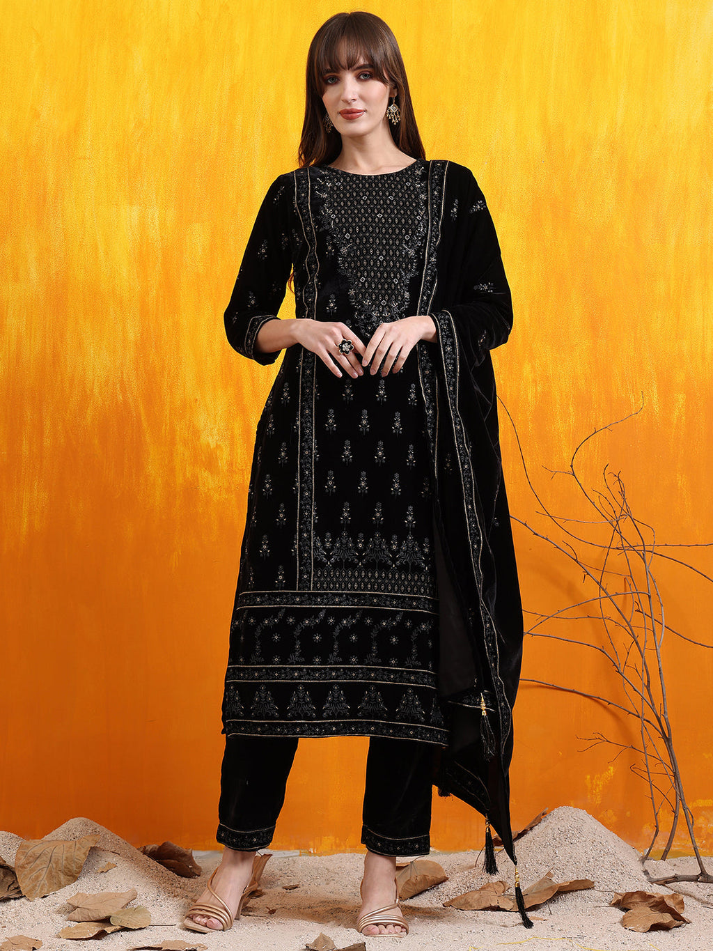 Hand Embroidered & Foil Printed Velvet Kurta With Pant & Dupatta, Black - Hiral Fashion | Grocsy